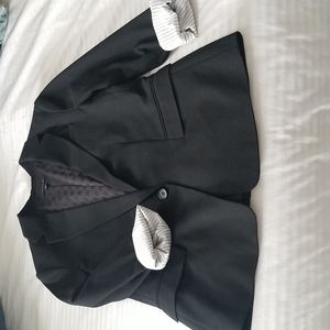 One button pocket blazer suit jacket roll up sleeve cuffs pinstripe